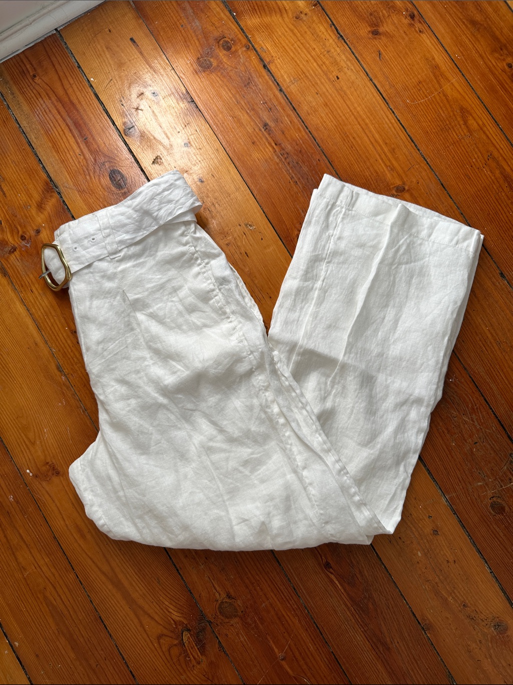 Halston White 100% Linen Summer Coastal Beach Preppy Wide Leg Belted Pants Small